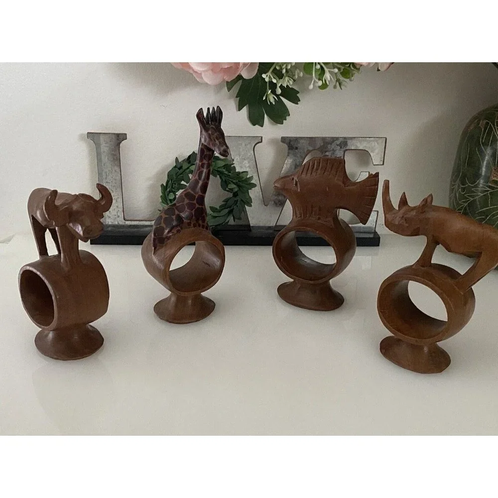 Set of 4 Hand Carved Napkin Rings African Safari Jungle Animal Teak Wood Vintage